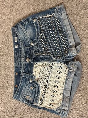 Miss Me Blue Denim Crochet & Embellished Shortalls - Blue/Cream